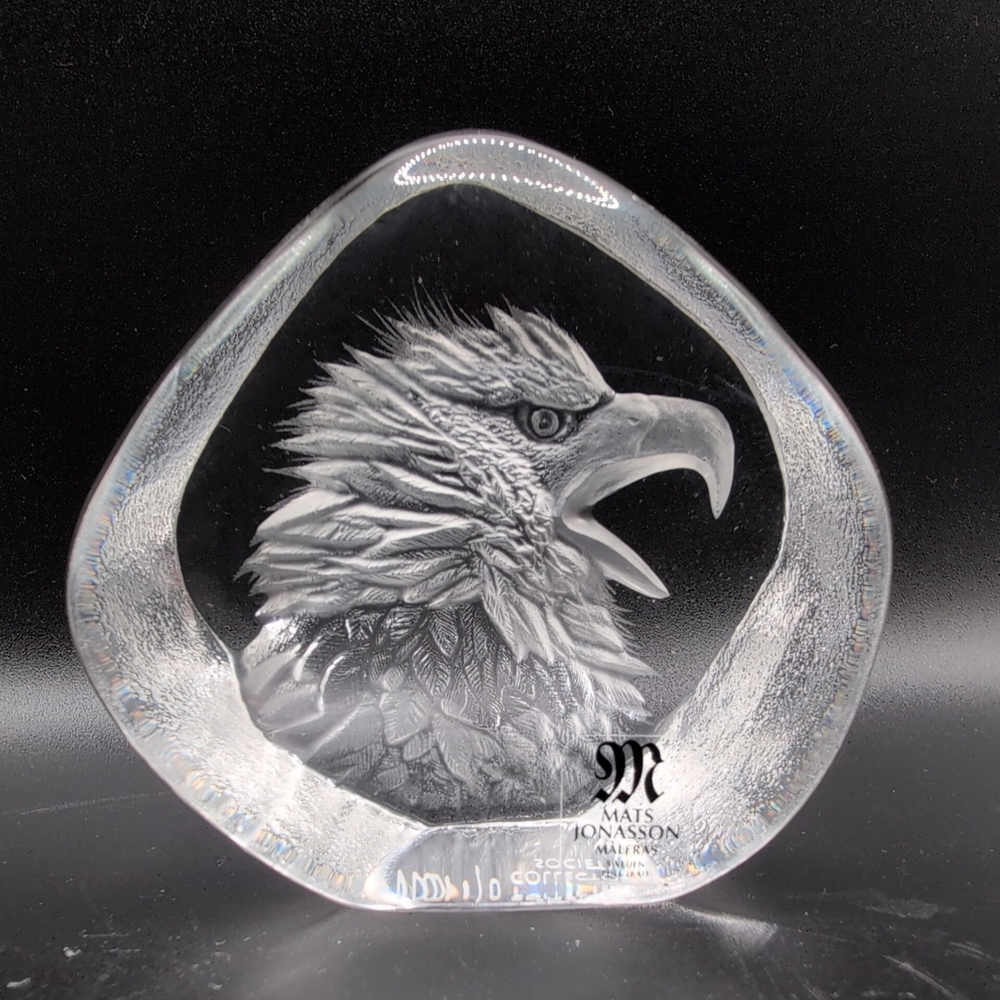RARE EDITION Mats Jonasson '01 Collectors Society Bald Eagle 3x2.5" Lead Crystal